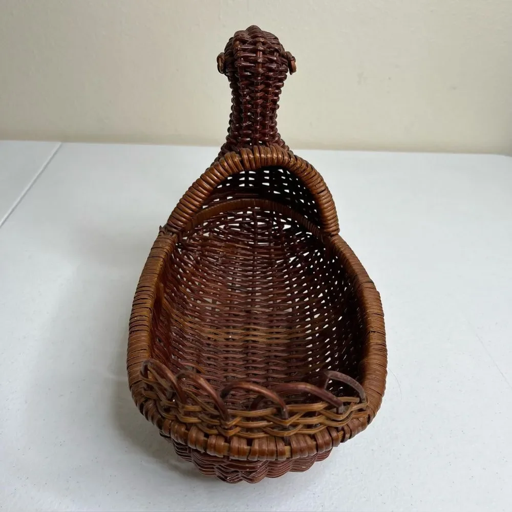 Vintage Brown Rattan Wicker Duck Basket Woven Wood Bird Farmhouse Decor Boho
